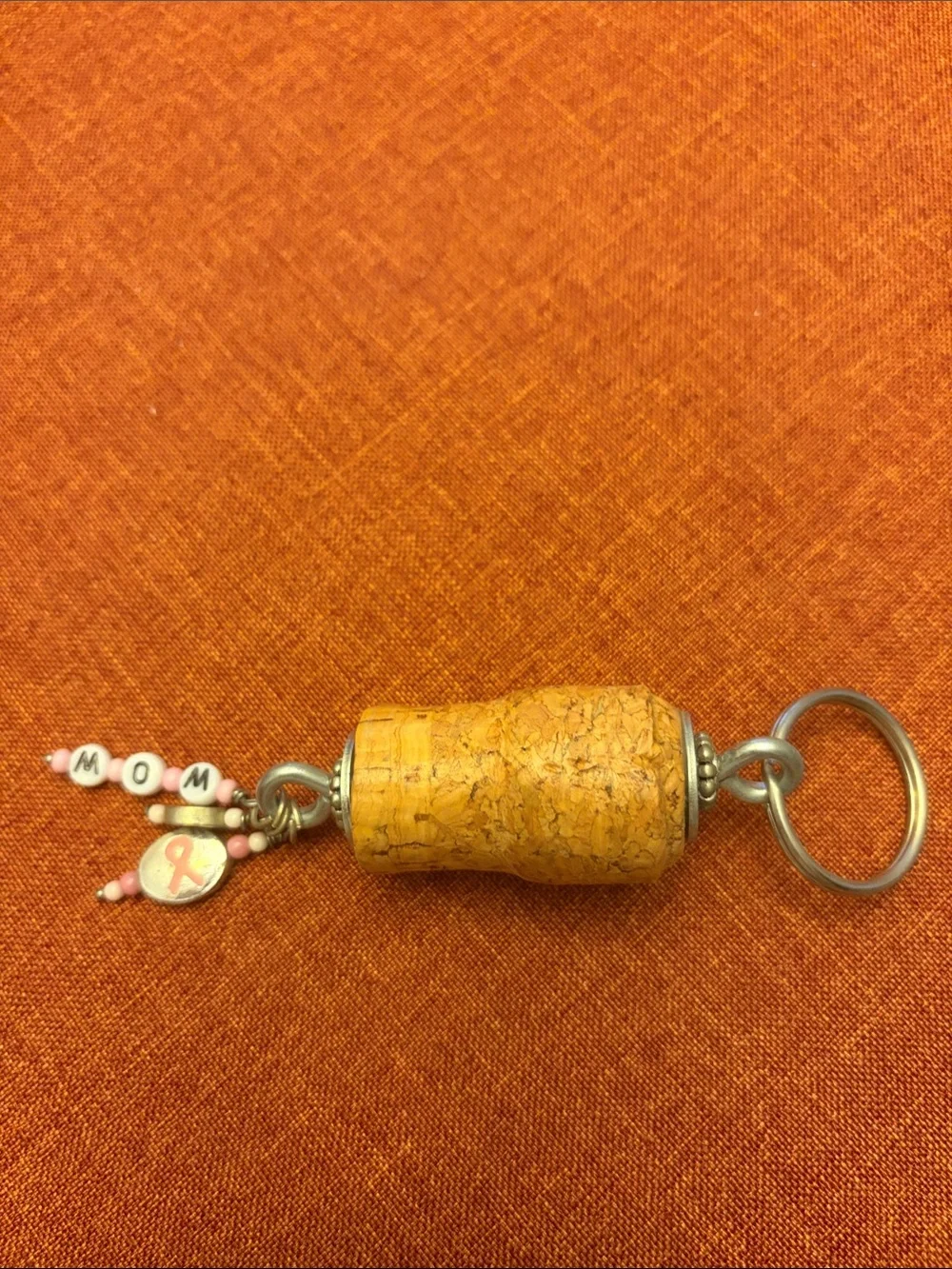 Cork Bottle Stopper Keychain with MOM Breast Cancer Survivor Charm